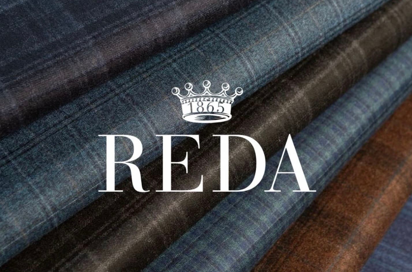 Reda 1865 wool fabric stack in blue, grey and brown with crown logo