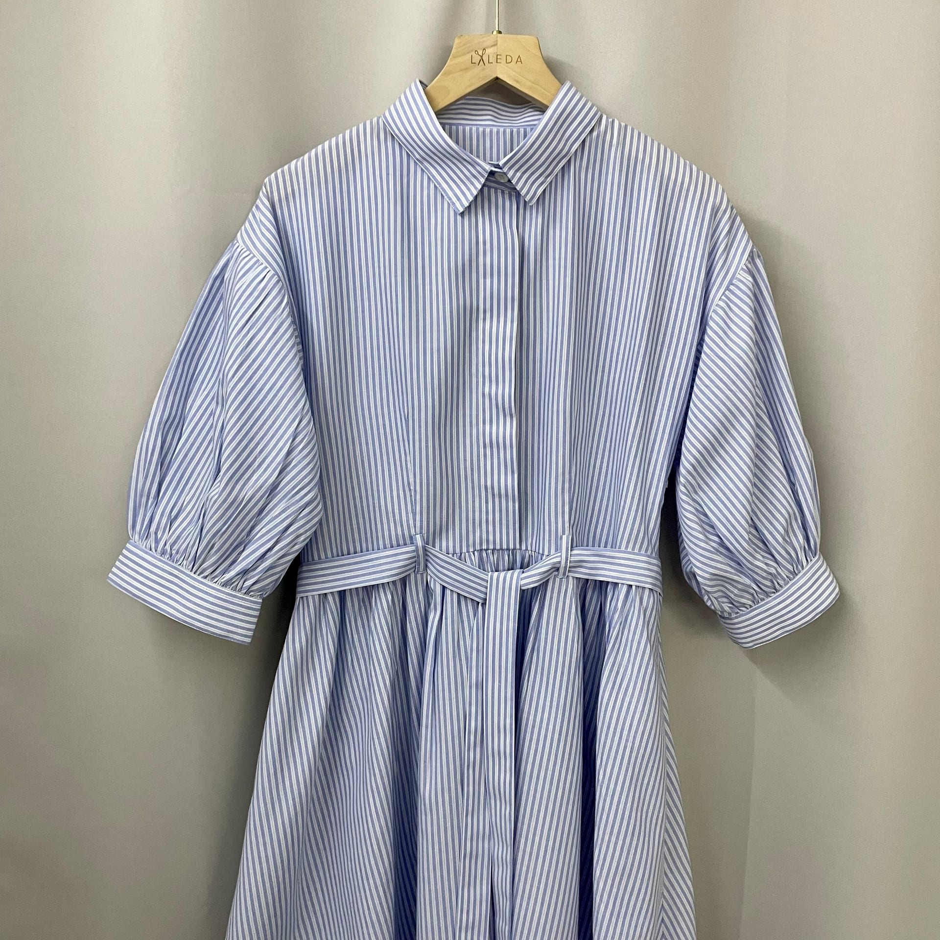 Blue and white striped shirt dress with a waist belt