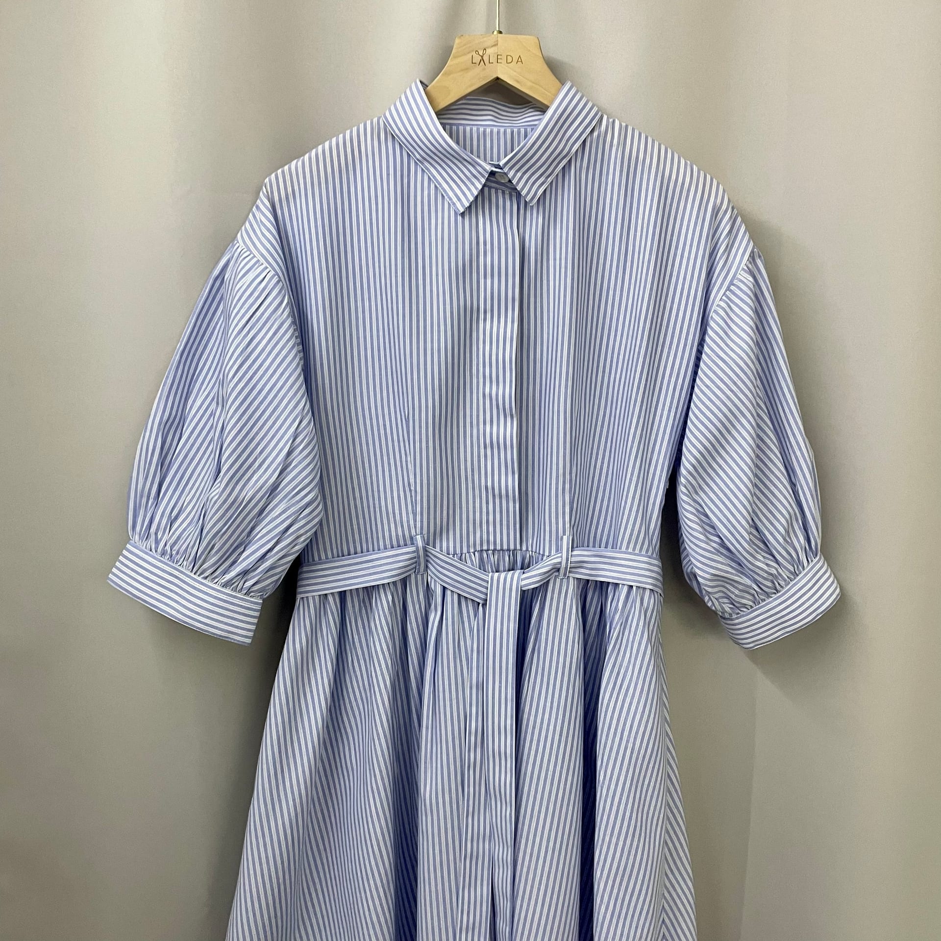 Blue and white striped shirt dress with a waist belt