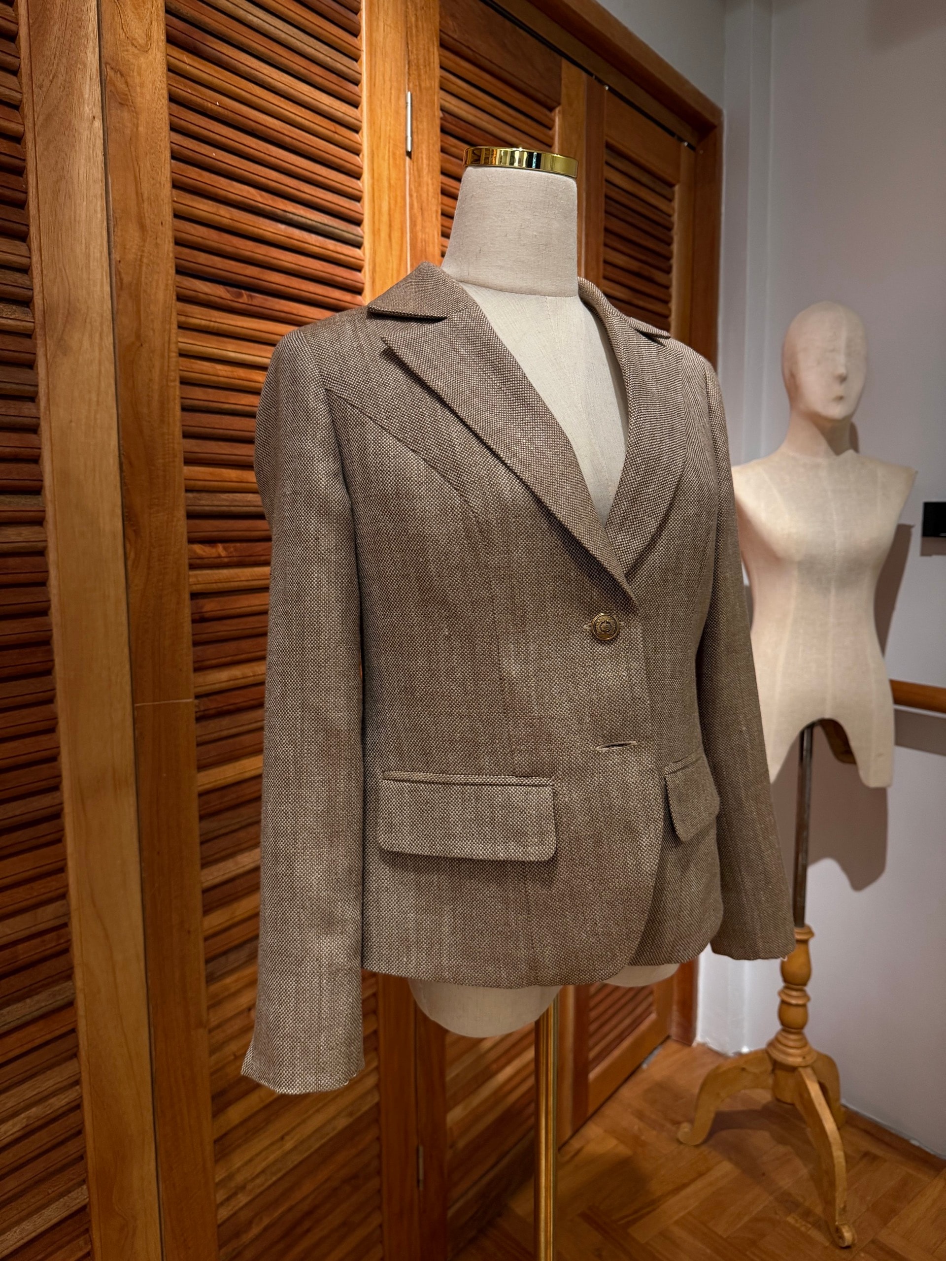Grey herringbone linen blazer with patch pockets