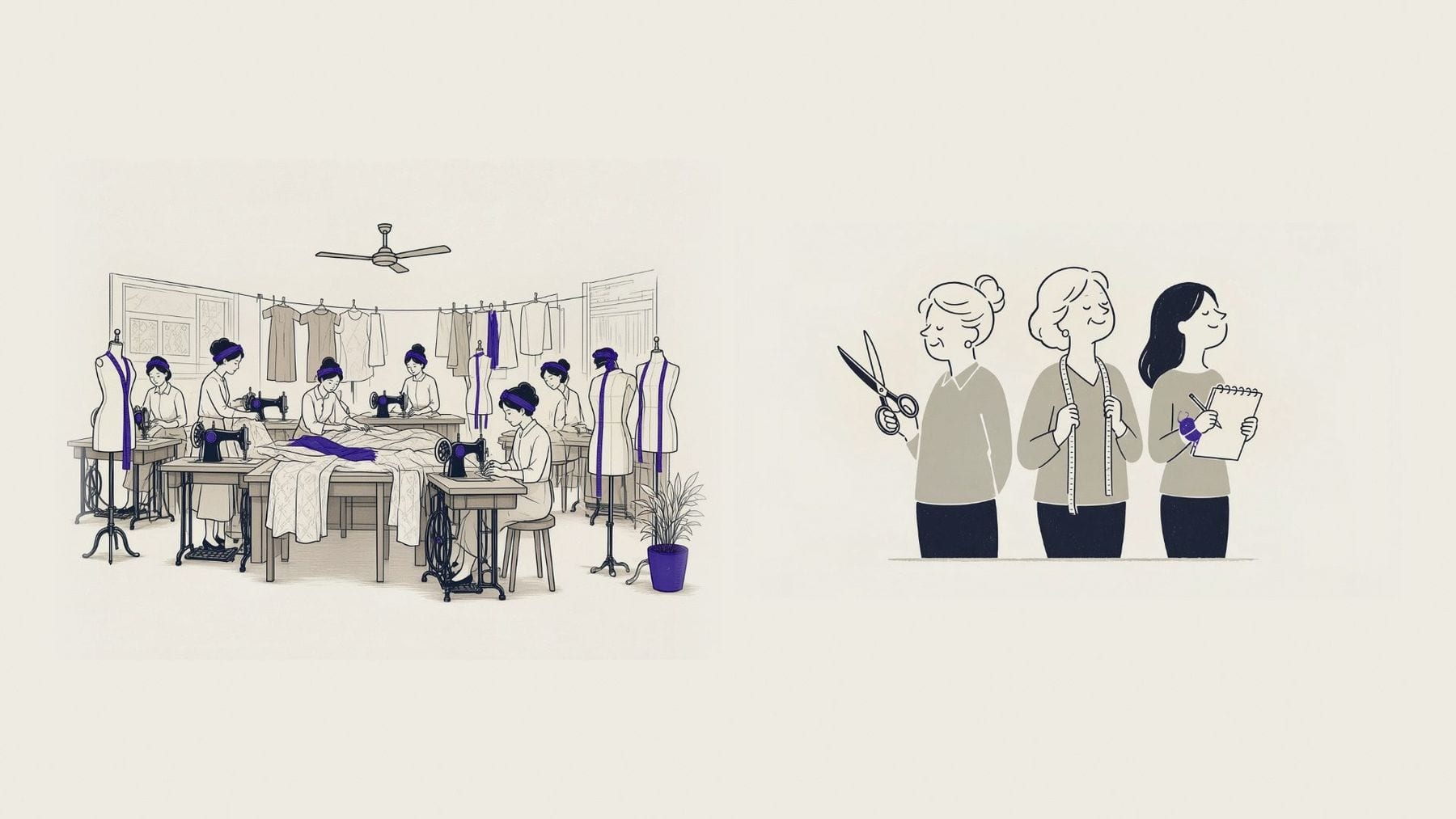 Illustration of the LALEDA workroom and three generations of the atelier