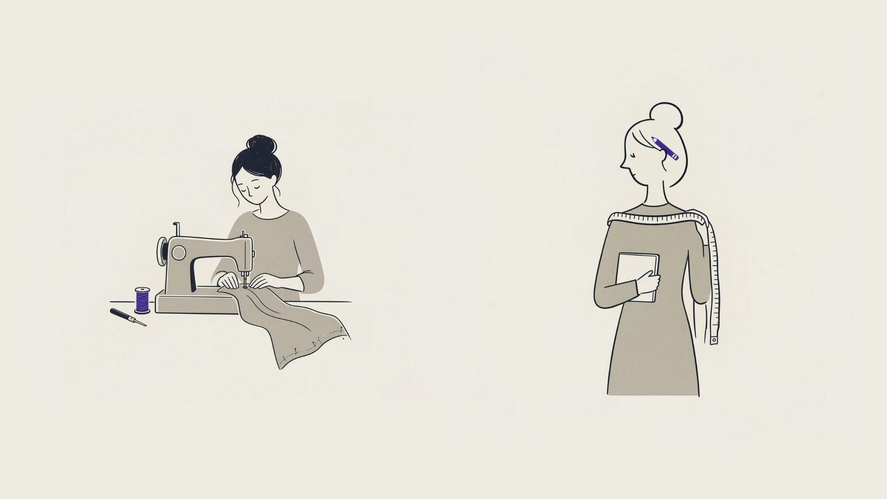 Illustration of a seamstress at the machine and a dressmaker with a tape