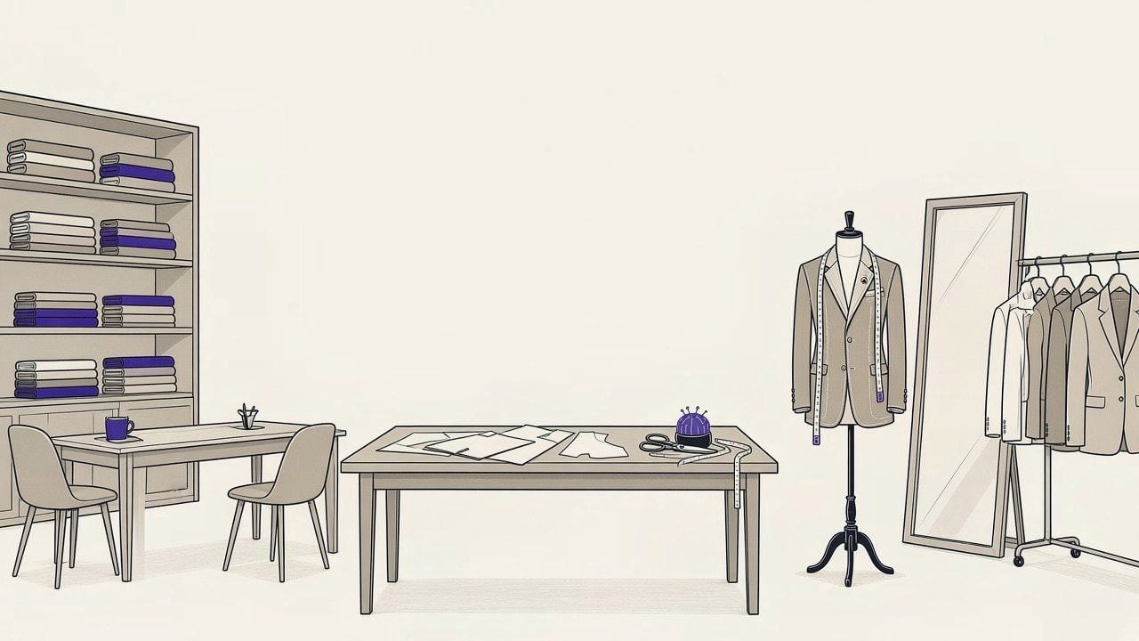 型紙のテーブルとレールのジャケットがある LALEDA の作業室のイラスト
