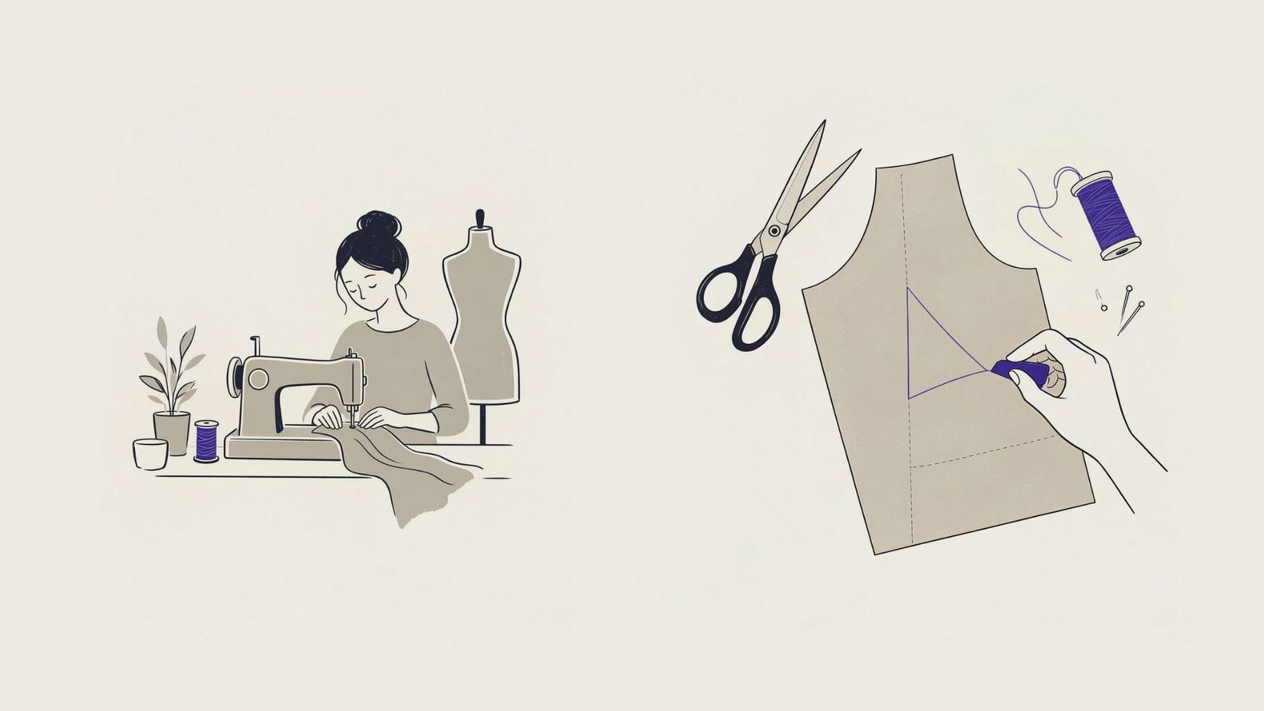Illustration of a seamstress at the machine and a hand marking a pattern