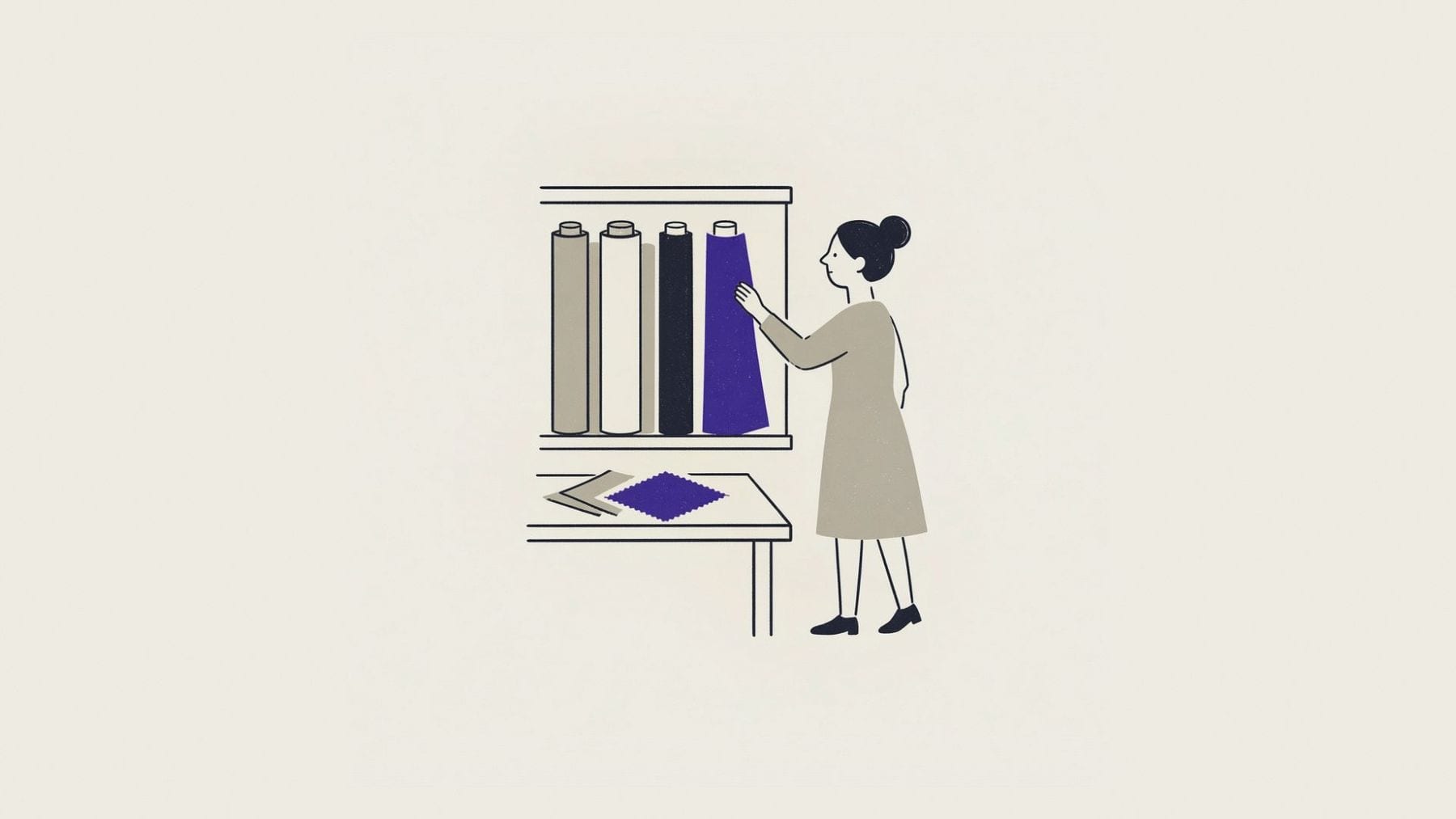 Illustration of a dressmaker choosing a bolt of cloth from the shelf