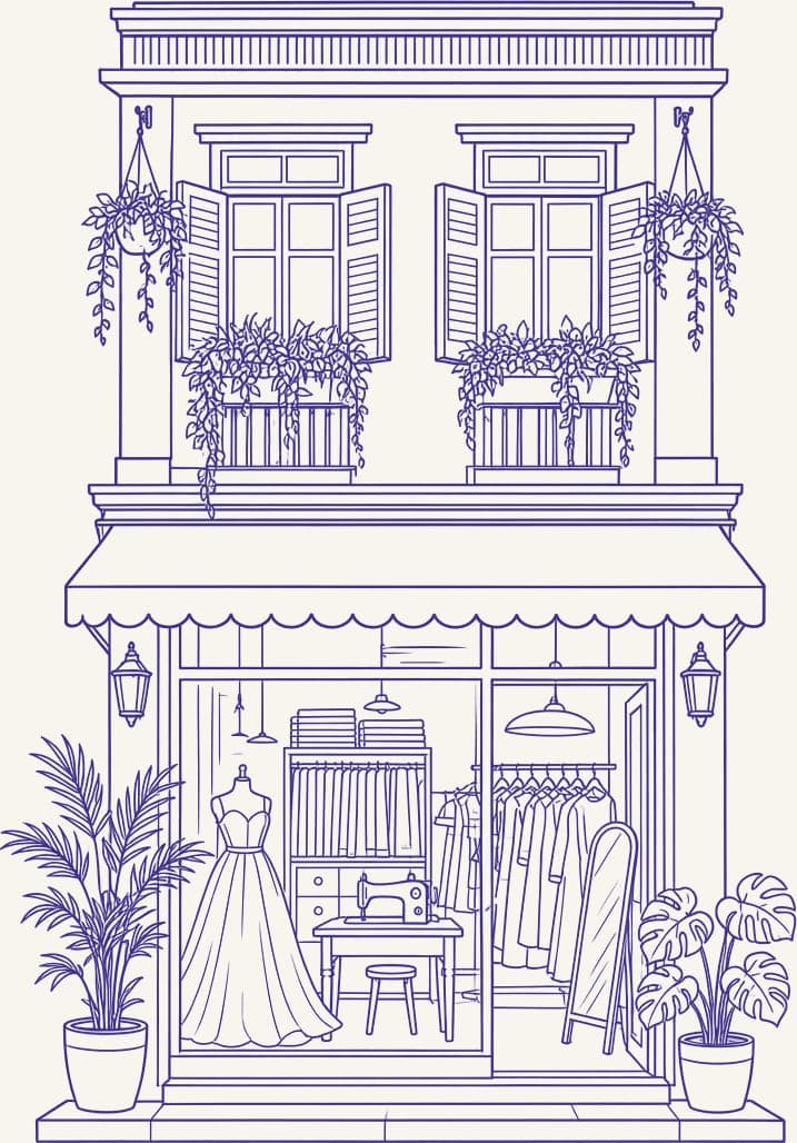 Line drawing of the LALEDA atelier, a Bangkok shophouse on Rama 4