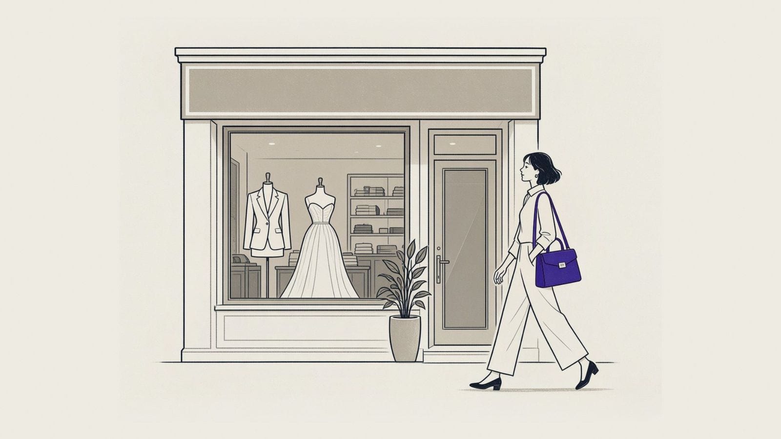 Illustration of the LALEDA atelier storefront on Rama 4, with a woman walking past the window