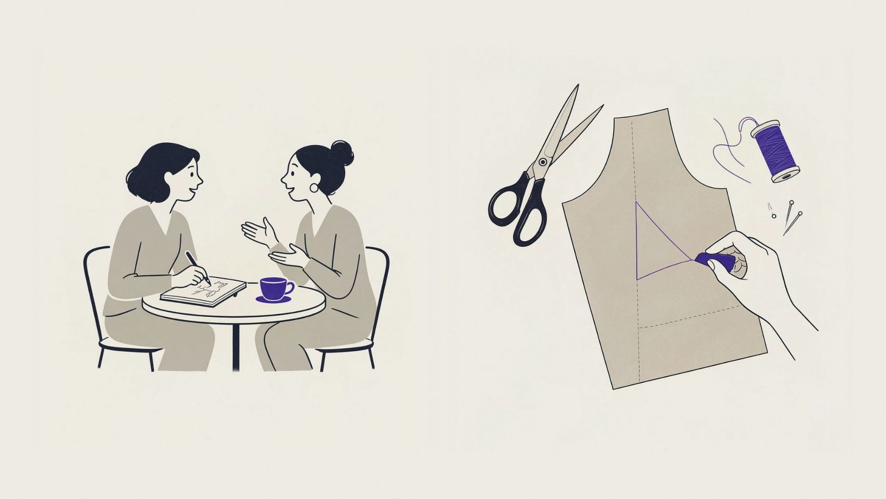 Illustration of a fitting consultation and a hand marking a pattern