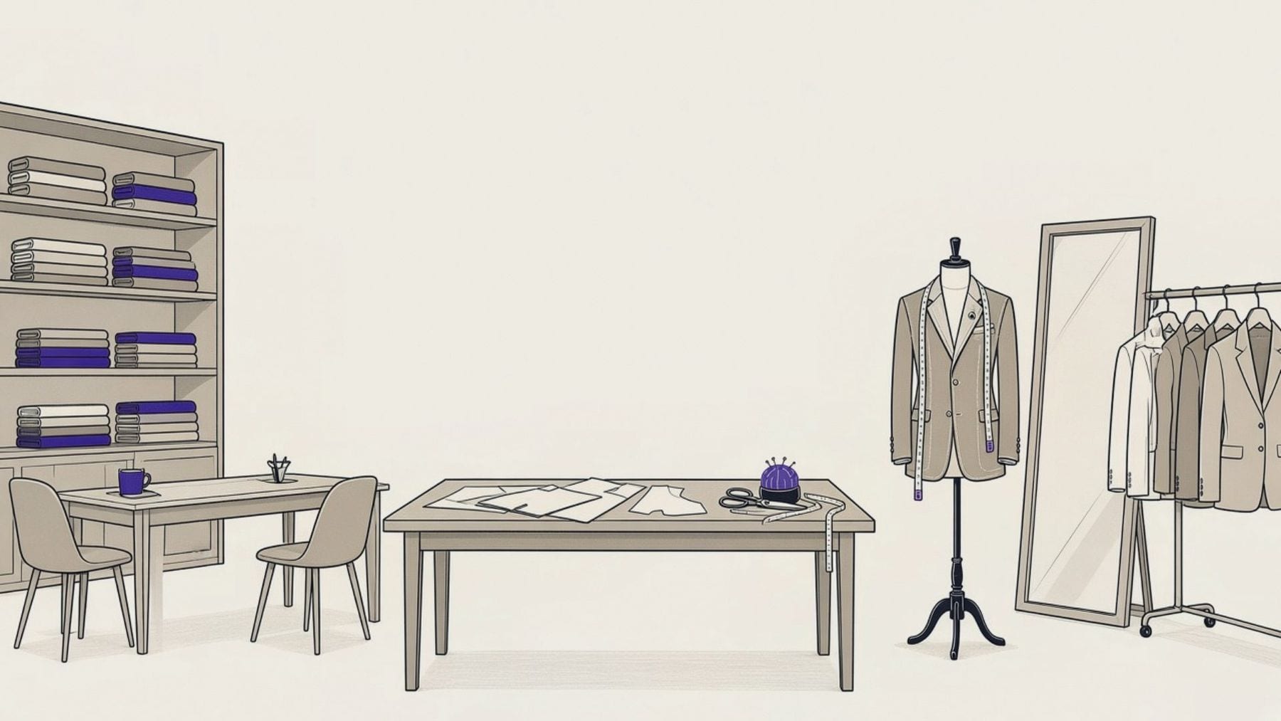 Illustration of the LALEDA workroom: folded cloth, a pattern table and a jacket on the form