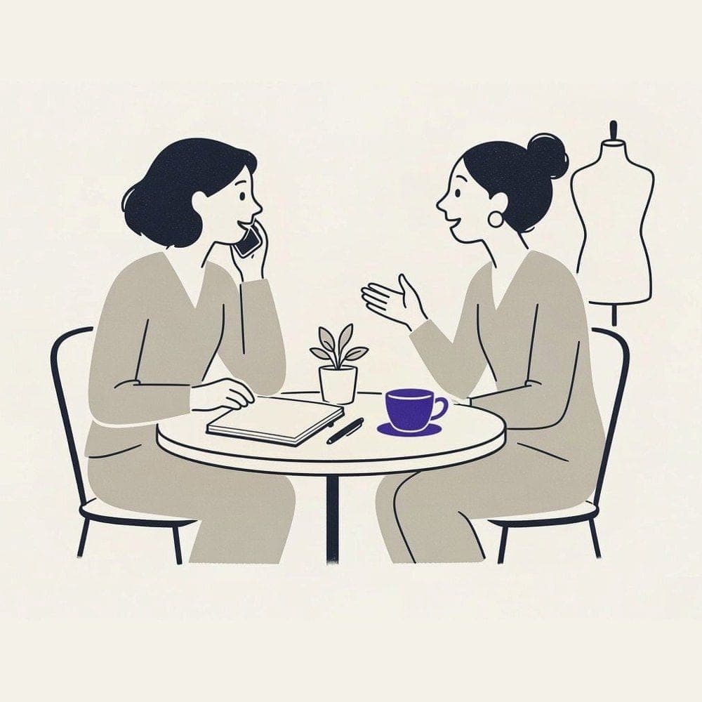 アトリエのテーブルでの相談と、奥のトルソーのイラスト