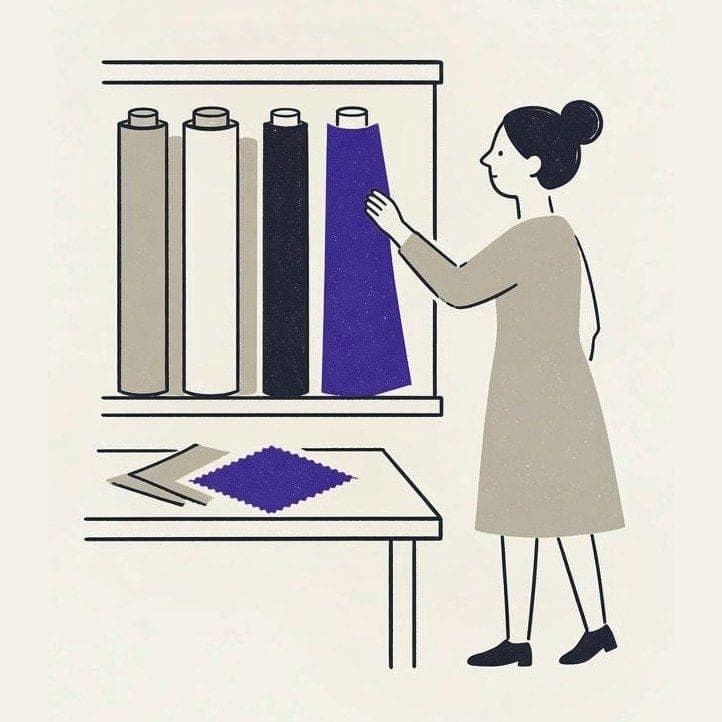 棚から生地を選ぶ仕立て人のイラスト