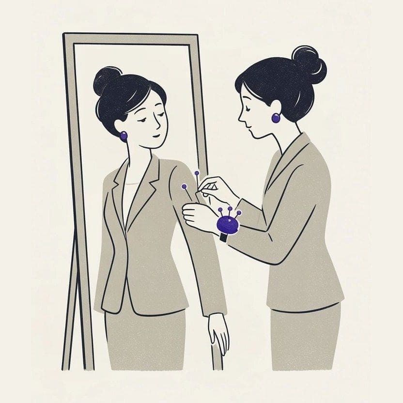 フィッティングミラーの前でジャケットにピンを打つ仕立て人のイラスト