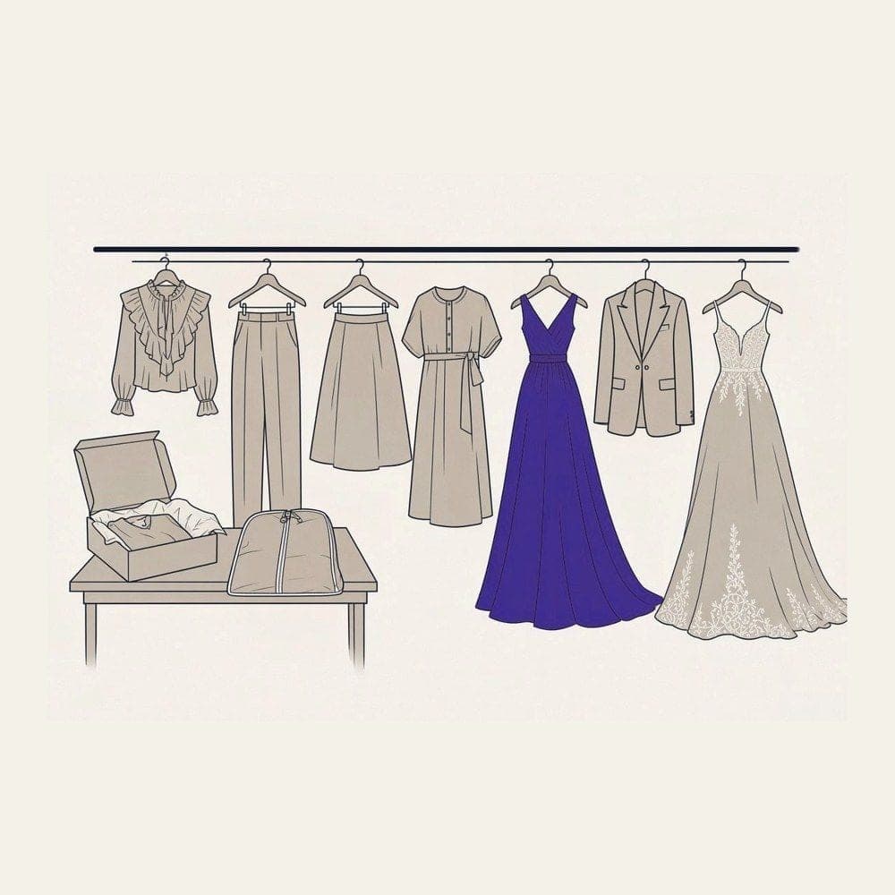 仕上がった服がレールに並び、受け取りの準備ができたイラスト