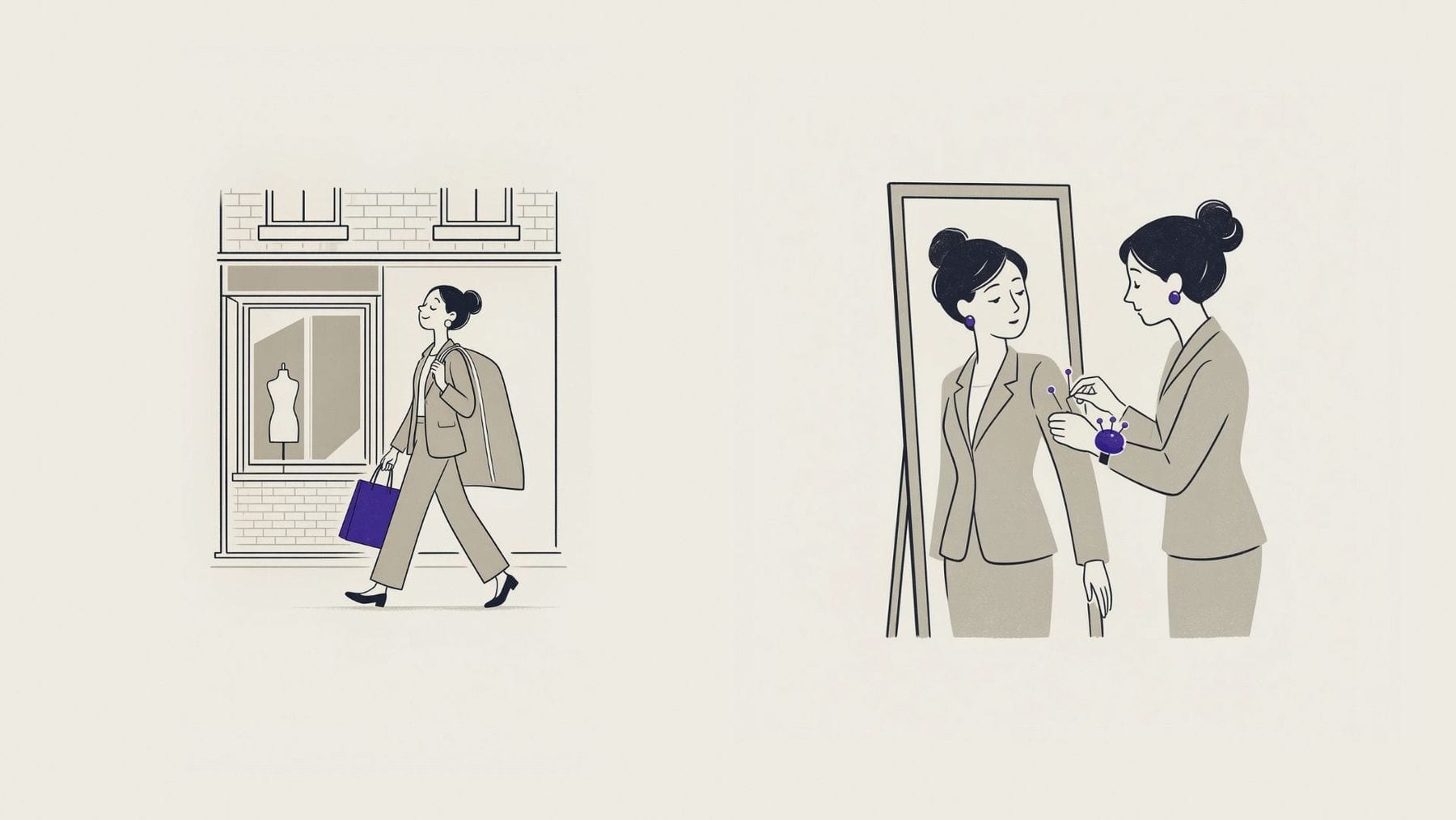 Illustration of a woman in a tailored suit and a fitting at the mirror