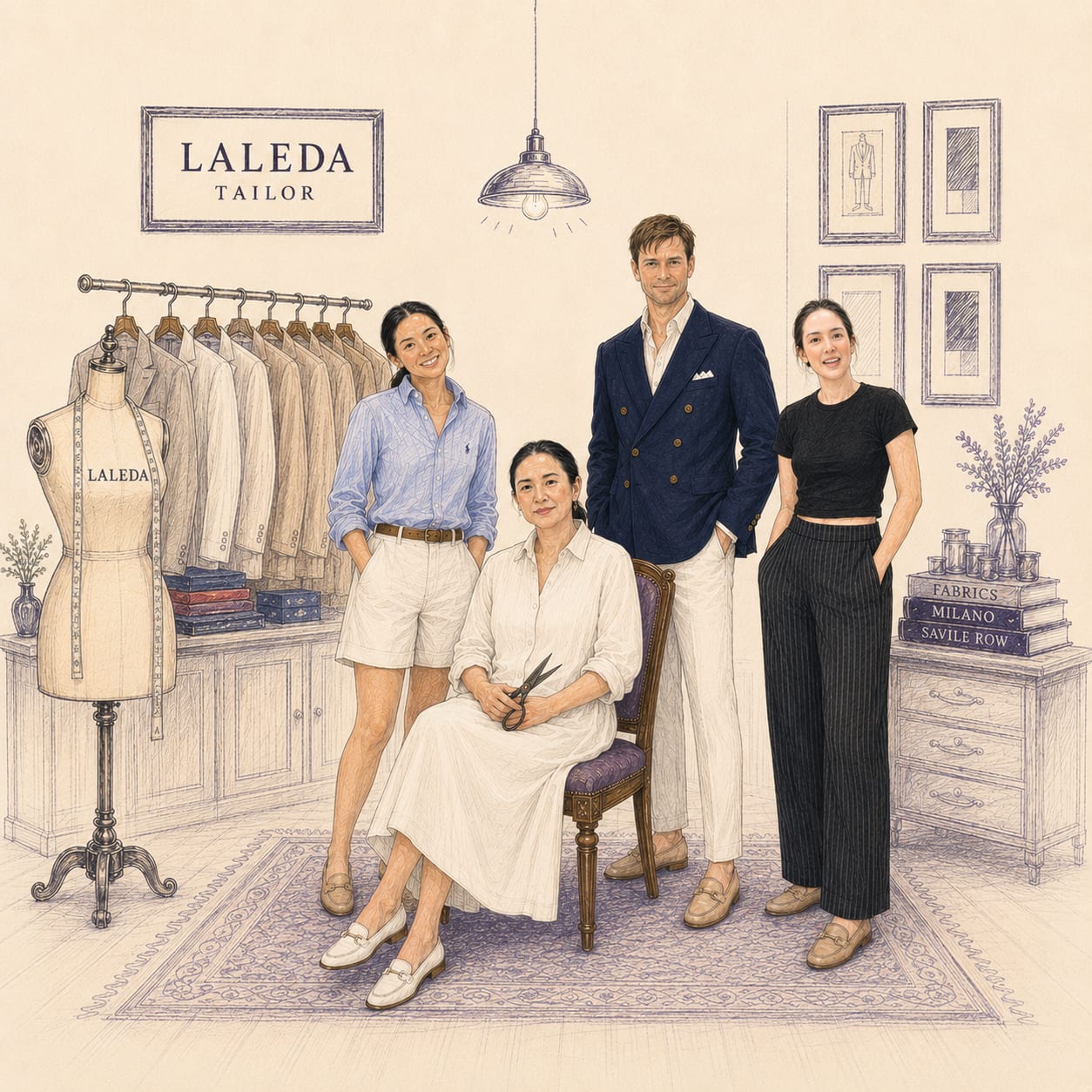 Illustration of three generations of the LALEDA Tailor family (Bow, Mrs. Laleda, Jens and Yanisa) in the atelier