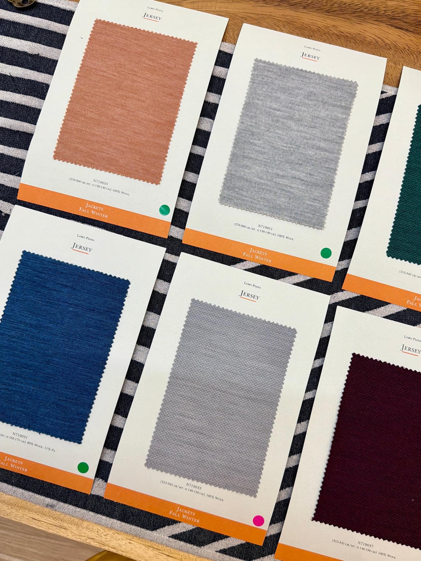 Loro Piana Jersey Fall Winter jacket fabric swatches in coral, grey, blue and burgundy