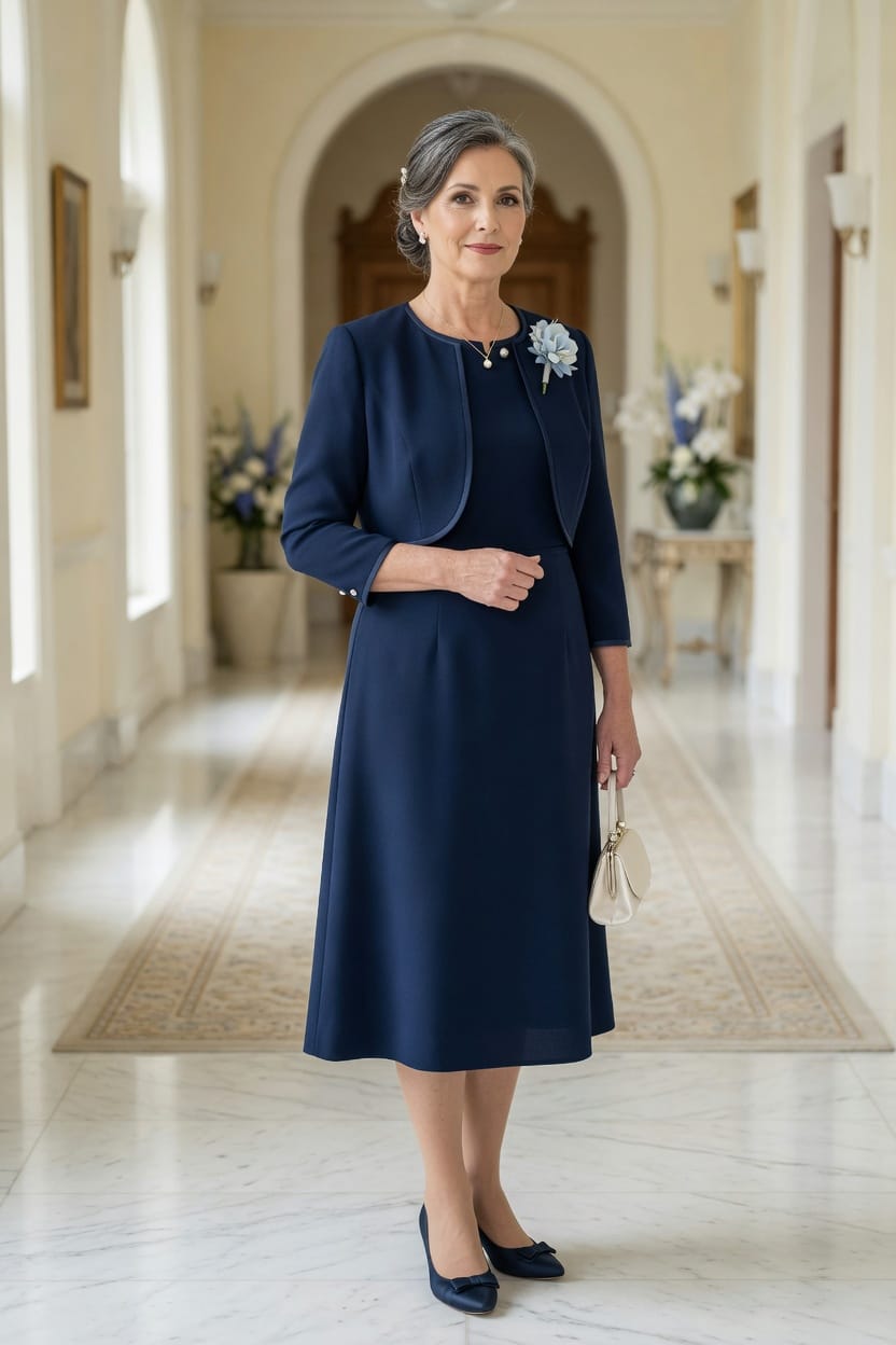 Navy midi mother of the bride dress with modest bolero jacket for a blessing ceremony