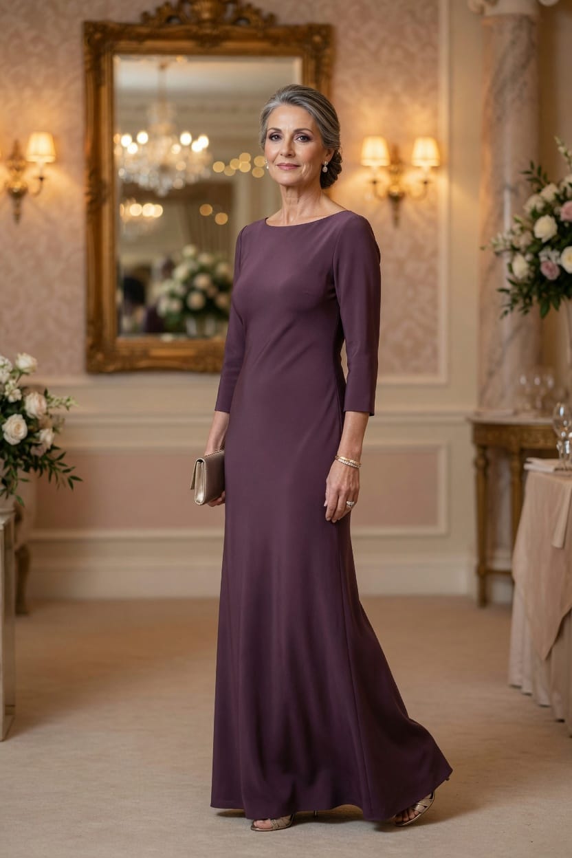 Plum crepe column mother of the bride evening gown with three-quarter sleeves