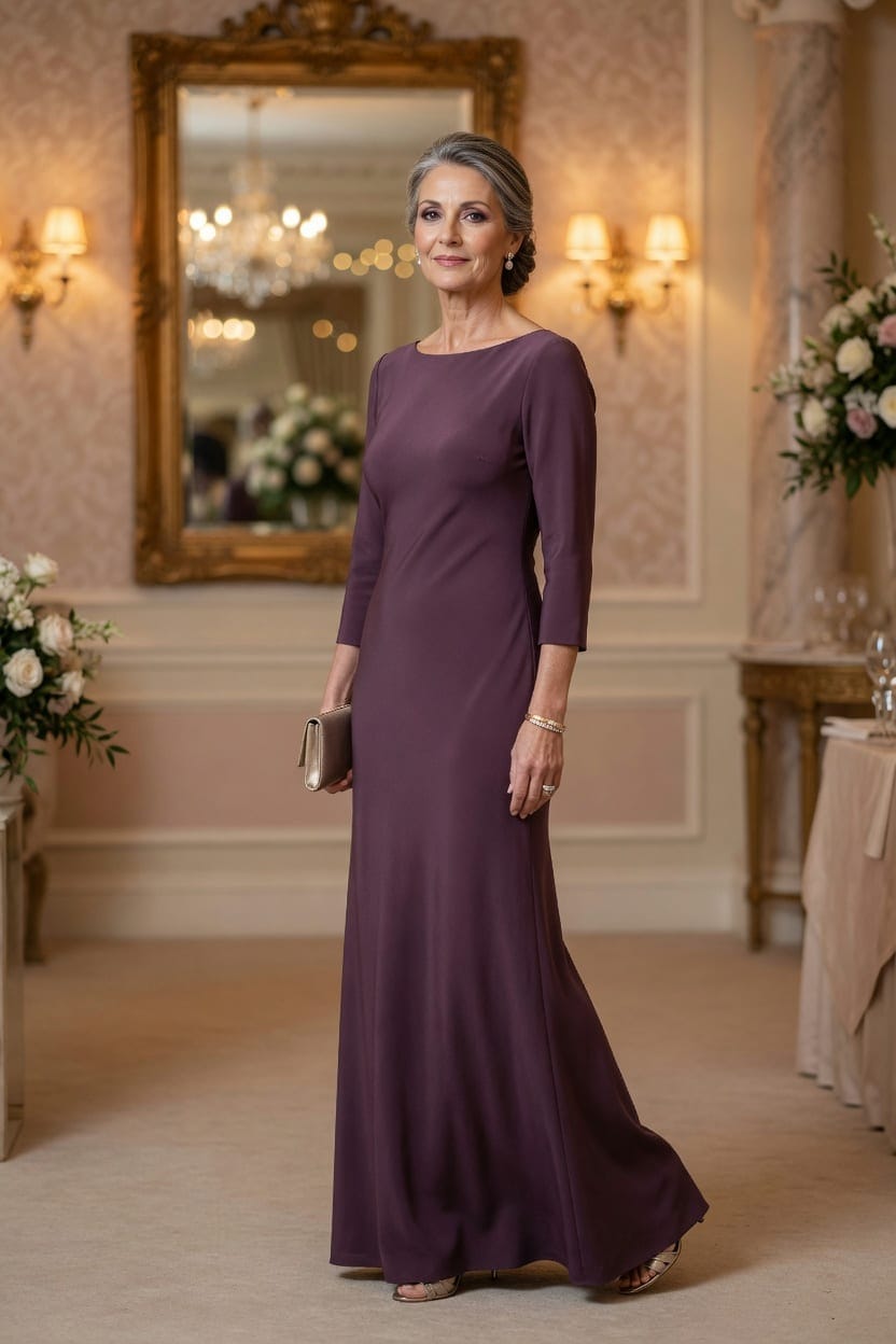 Plum crepe column mother of the bride evening gown with three-quarter sleeves