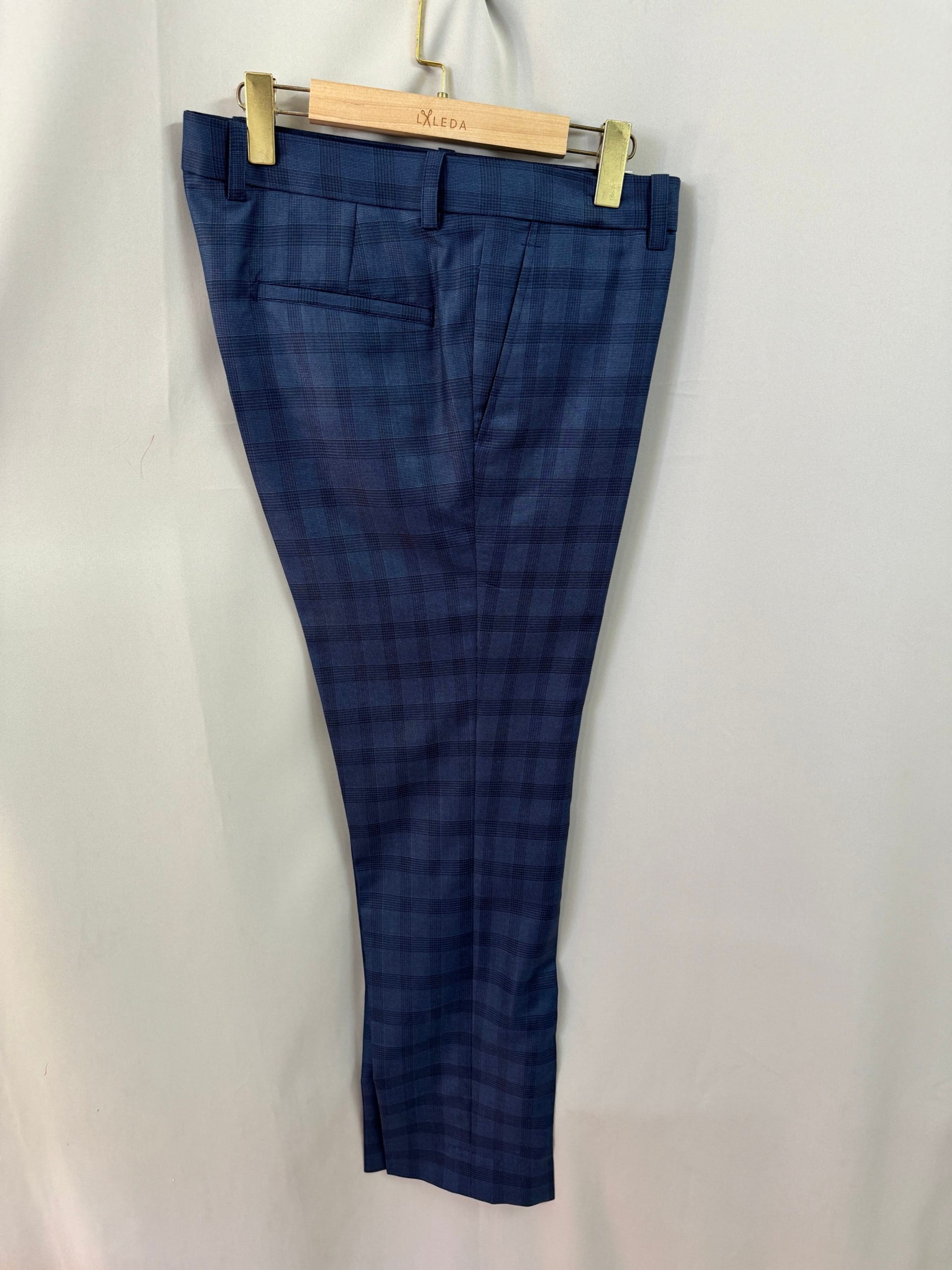 Navy blue checkered pattern women's tailored trousers