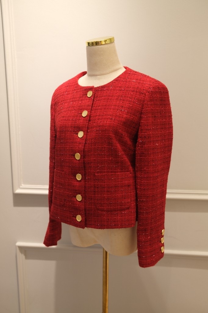 Red tweed collarless women's jacket with gold buttons