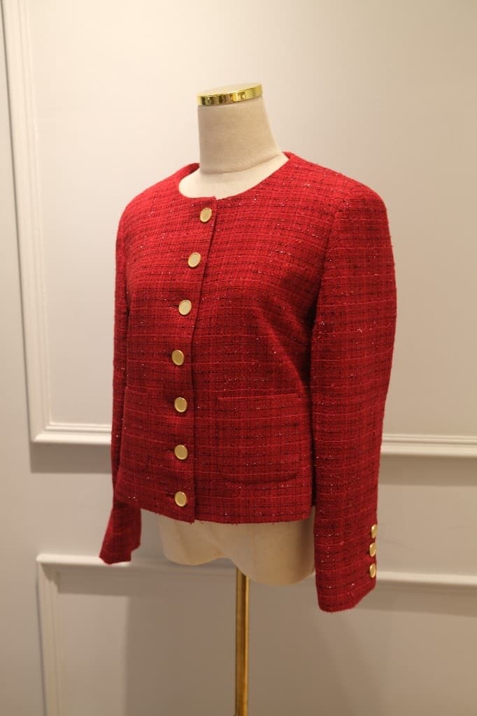 Red tweed collarless women's jacket with gold buttons