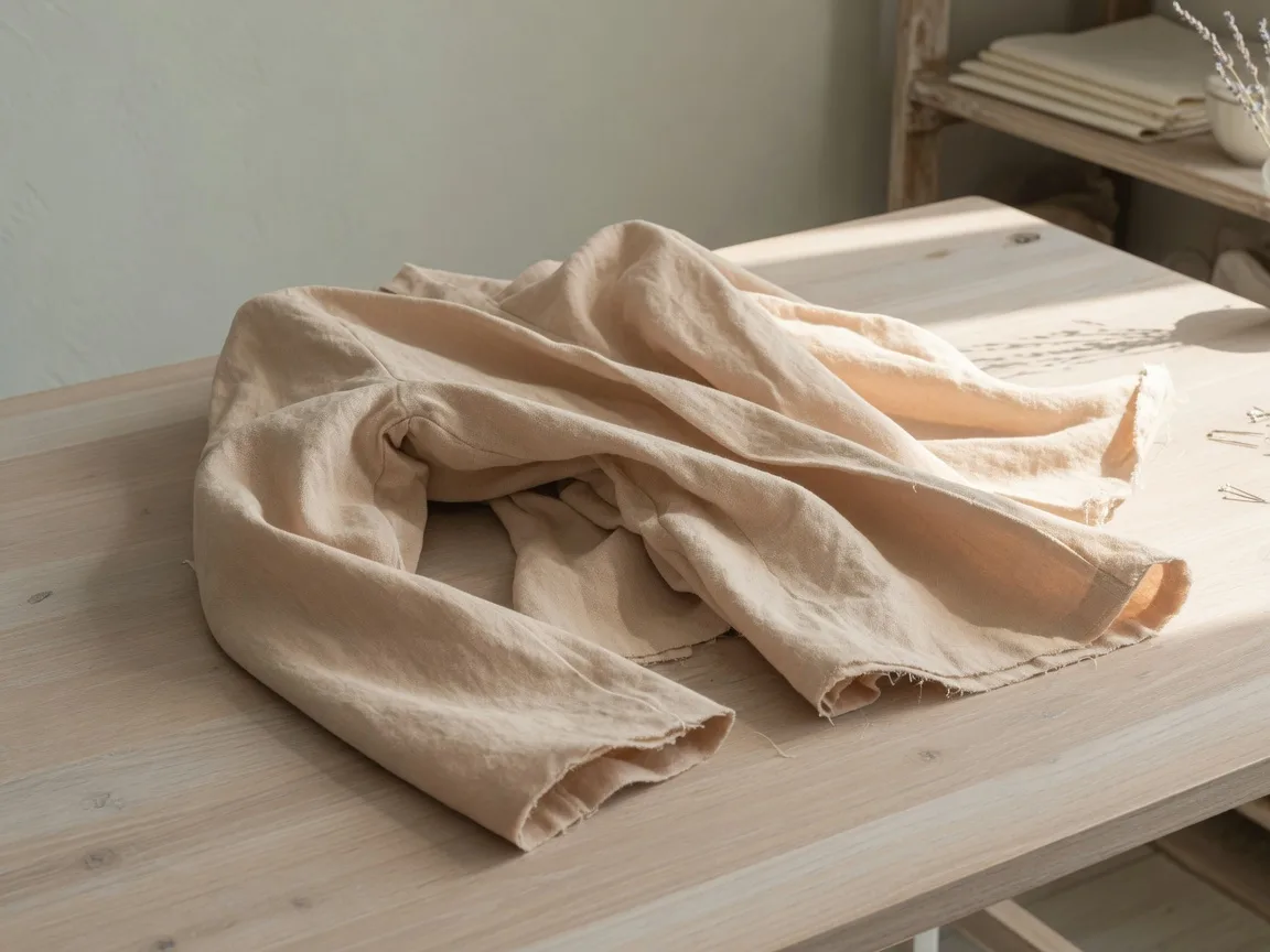 Soft sand-beige cotton suiting fabric loosely folded on a light wood table