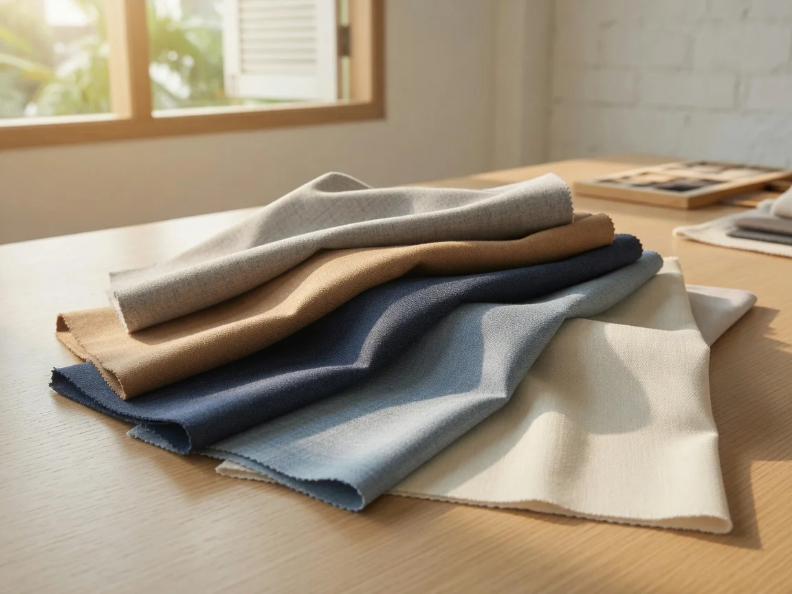 Soft stack of poly-wool suiting cloths in light grey, camel, navy and ivory on a bright oak table