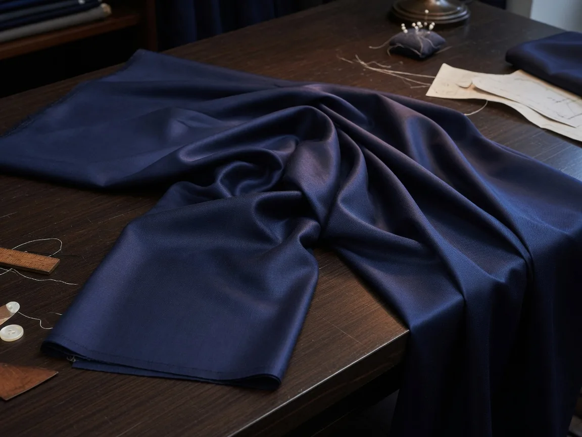 Deep navy silk and wool-silk blend suiting fabric with luminous sheen on a dark walnut table