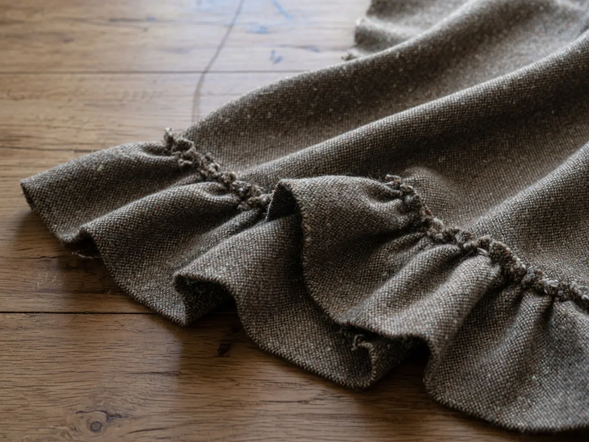 Heather brown Donegal-style tweed suiting fabric showing flecks and textured weave