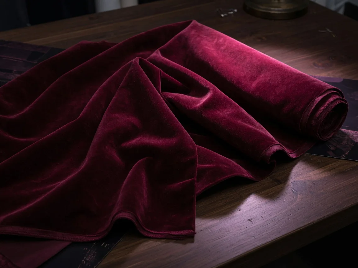 Deep burgundy cotton velvet fabric for an evening women's jacket, draped on dark wood
