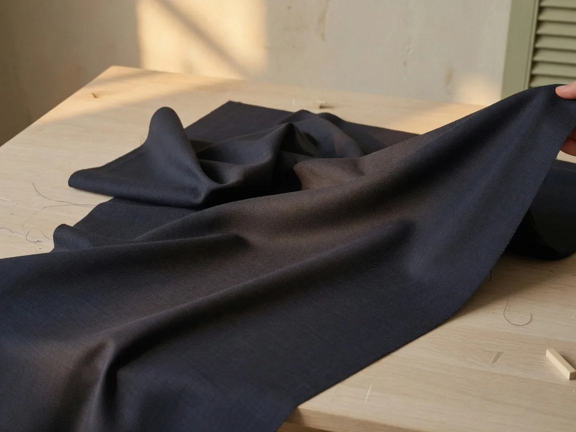 Lightweight tropical worsted wool suiting fabric in charcoal navy, draped on a tailor's table
