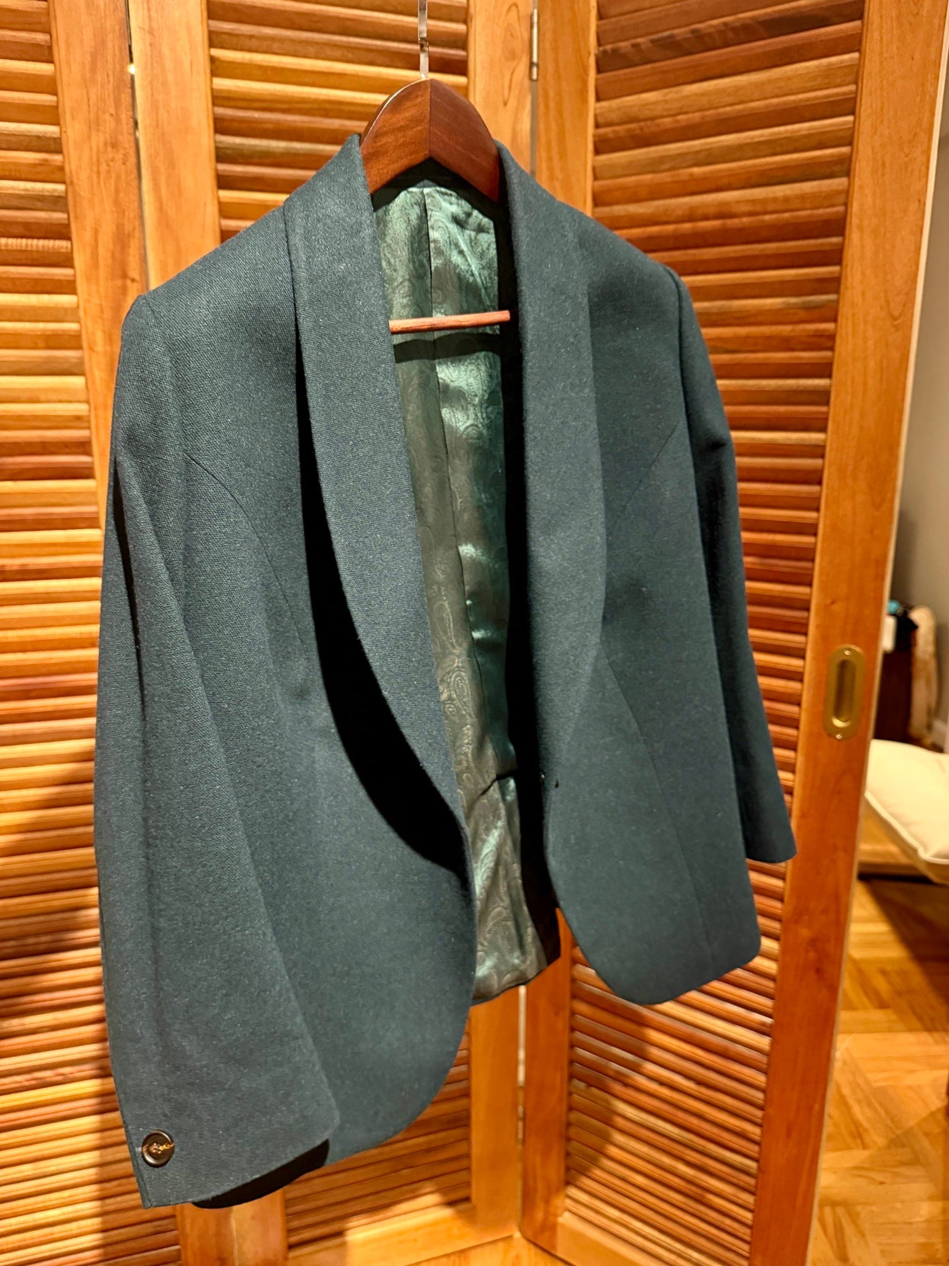 Teal grey wool coat with green silk lining