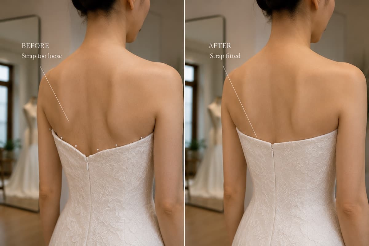 ภาพก่อนและหลังการปรับสายเสื้อชุดแต่งงานที่ LALEDA Tailor สายที่หลวมถูกเก็บให้พอดีตัว