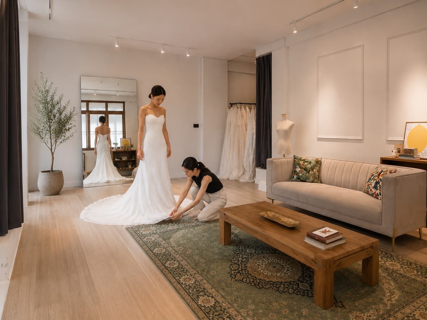 Seamstress pinning a wedding dress during a fitting at LALEDA Tailor