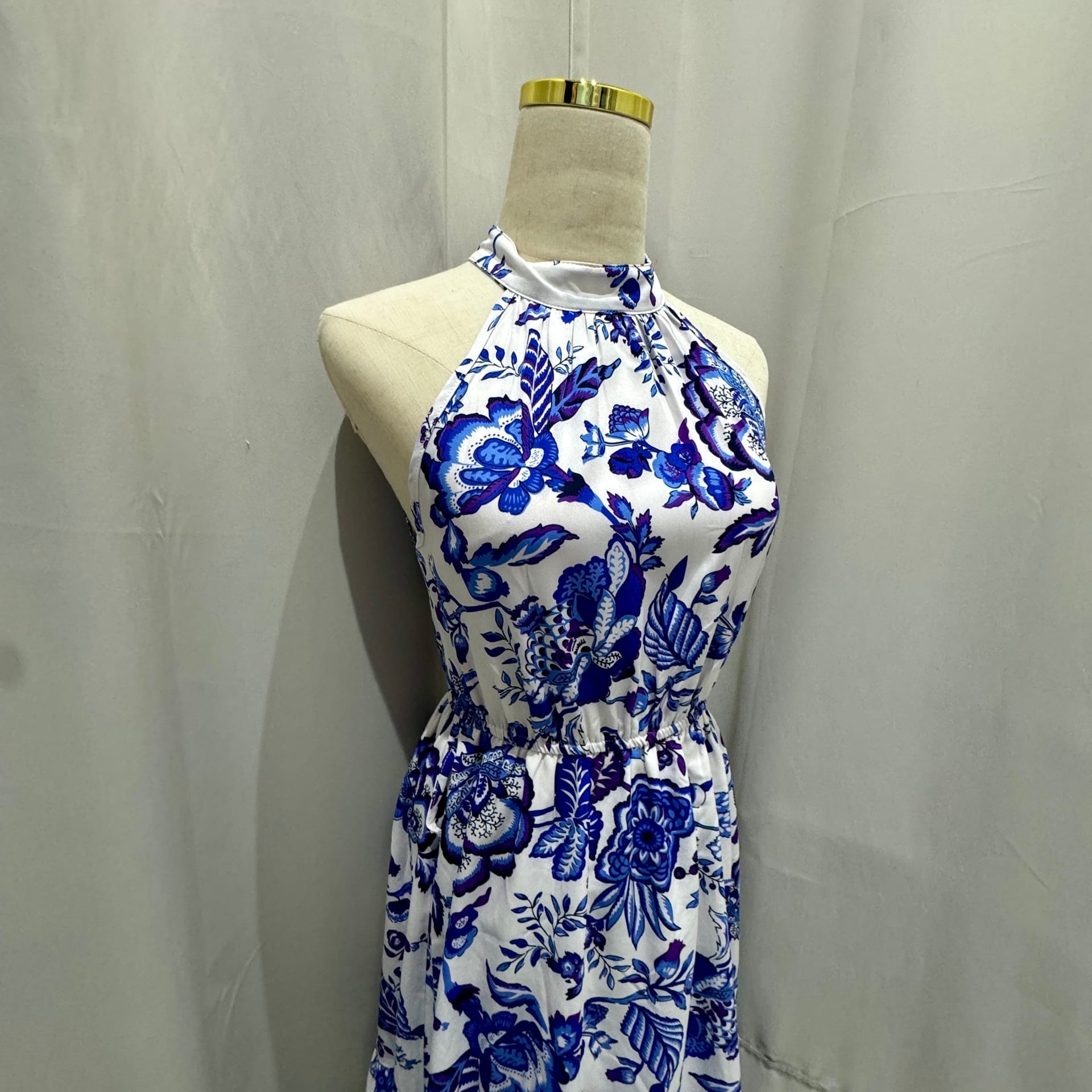 White and blue porcelain print halter dress