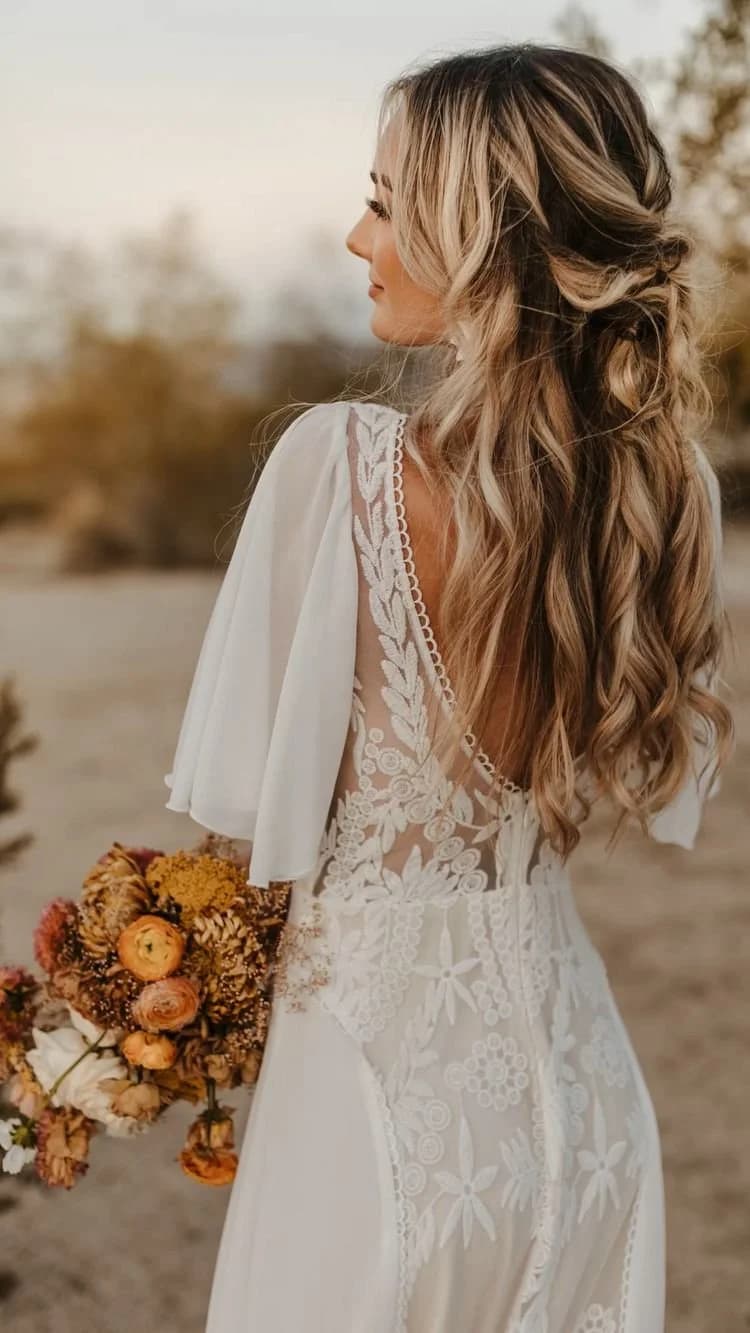 White wedding dress with lace details in the back and braided hair