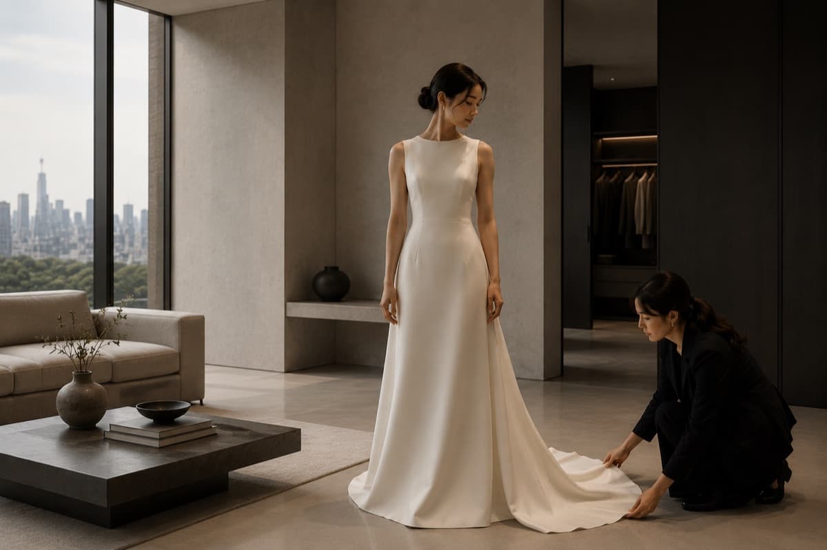 A bride in a bespoke wedding gown while a LALEDA tailor adjusts the train at a fitting in the atelier